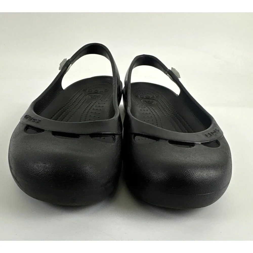 Crocs Jayna Slingback Flat Black Slip On Flower Jewel Comfort Lightweight 7